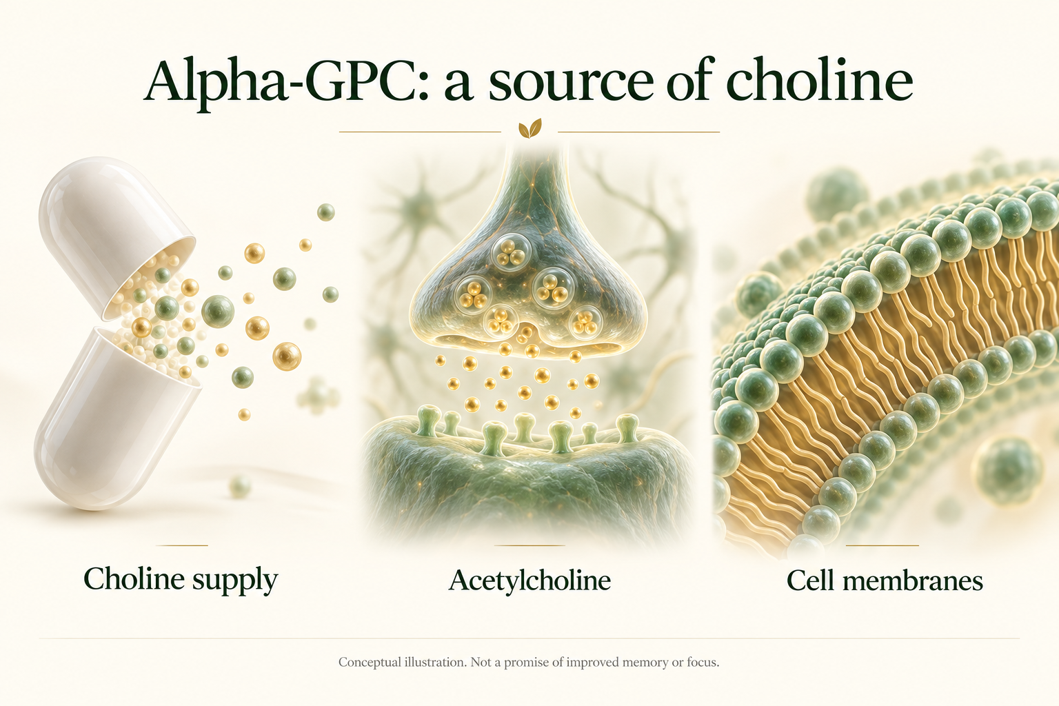 Conceptual illustration of Alpha-GPC as a choline source, acetylcholine messaging and cell membranes