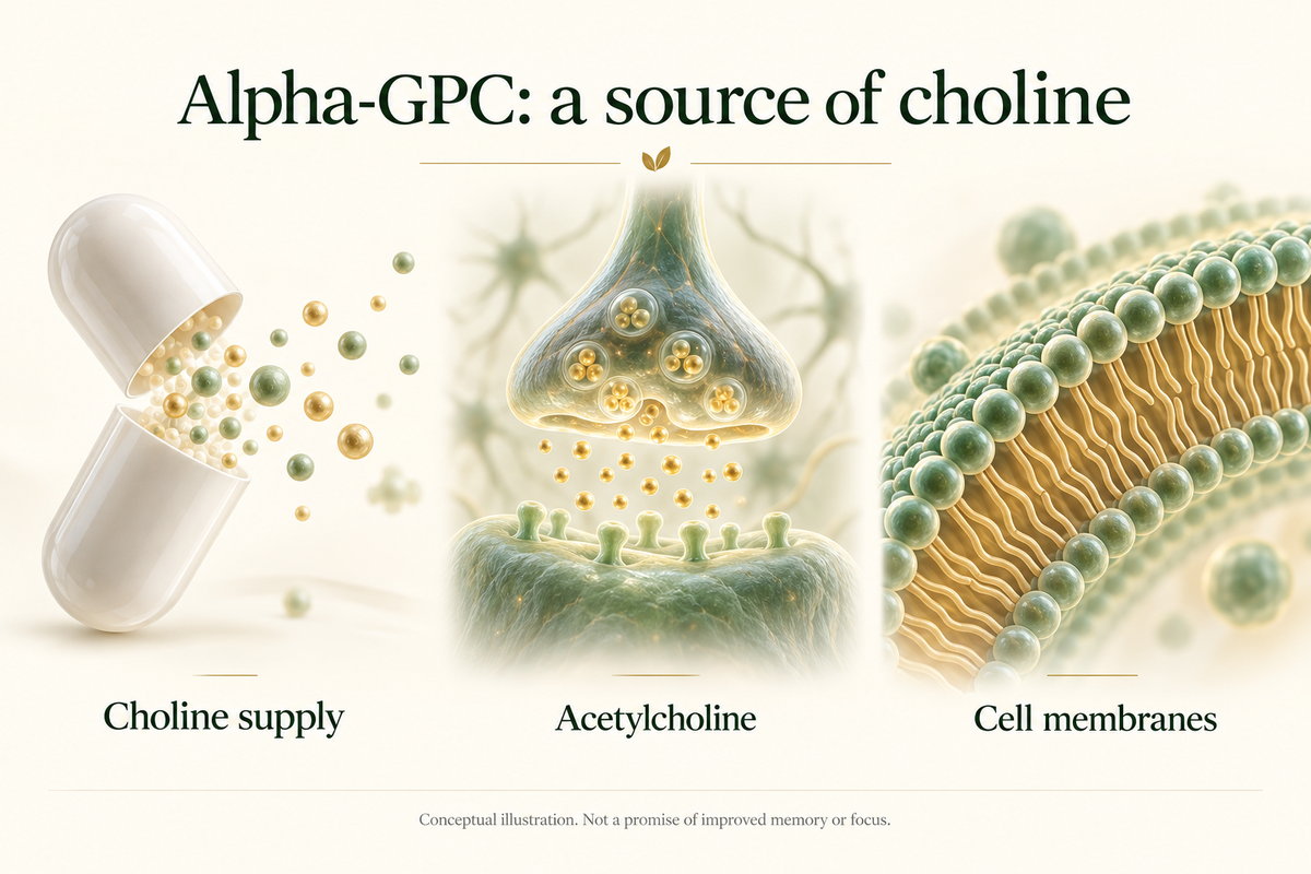 Conceptual illustration of Alpha-GPC as a choline source, acetylcholine messaging and cell membranes